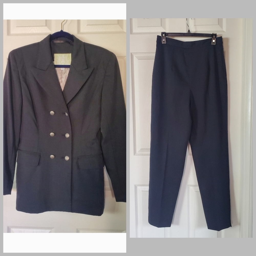 Charles Chang Lima Wool Blend Pantsuit Double Breasted Gray Size 8 Career Office